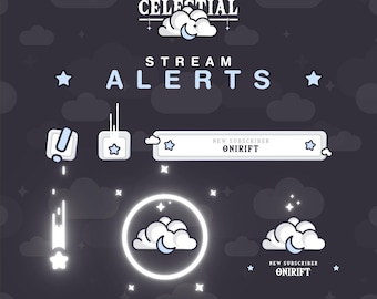 Könnte beinhalten: Ein Satz animierter Stream-Benachrichtigungen mit einem himmlischen Thema mit Wolken, Sternen und einer Mondsichel. Die Benachrichtigungen sind in einem hellblauen und weißen Farbschema mit dem Text "ROYAL CELESTIAL STREAM ALERTS" und "NEW SUBSCRIBER ONIRIFT".