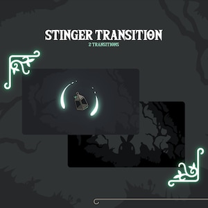 May include: A digital illustration of two animated transitions featuring a glowing lantern with a green light effect. The text "STINGER TRANSITION" and "2 TRANSITIONS" is displayed above the images. The text "ONIRIFT" is displayed in the bottom left corner of the image.