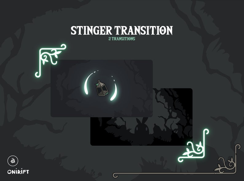 May include: A digital illustration of two animated transitions featuring a glowing lantern with a green light effect. The text "STINGER TRANSITION" and "2 TRANSITIONS" is displayed above the images. The text "ONIRIFT" is displayed in the bottom left corner of the image.
