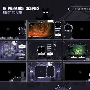 Puede incluir: Gr&aacute;fico de arte digital con 16 escenas prefabricadas. Las escenas est&aacute;n dispuestas en una cuadr&iacute;cula, con una paleta de colores oscuros y elementos decorativos. El texto en la parte superior dice "16 PREMADE SCENES READY TO USE!" y "+ VTUBER FRIENDLY".