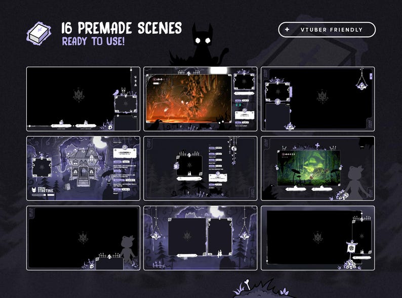 Puede incluir: Gr&aacute;fico de arte digital con 16 escenas prefabricadas. Las escenas est&aacute;n dispuestas en una cuadr&iacute;cula, con una paleta de colores oscuros y elementos decorativos. El texto en la parte superior dice "16 PREMADE SCENES READY TO USE!" y "+ VTUBER FRIENDLY".
