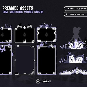 Puede incluir: Activos digitales prefabricados para c&aacute;maras, chatboxes y soportes VTuber. La imagen presenta varios marcos y elementos decorativos de tem&aacute;tica espeluznante en blanco y negro, con un color de acento p&uacute;rpura. Incluye m&uacute;ltiples formatos y opciones de mezcla y combinaci&oacute;n.