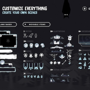 May include: Dark gray graphic with the text "CUSTOMIZE EVERYTHING CREATE YOUR OWN SCENES". Includes illustrations, stickers, banners, and symbols. Features a bat silhouette and the Onirift logo.