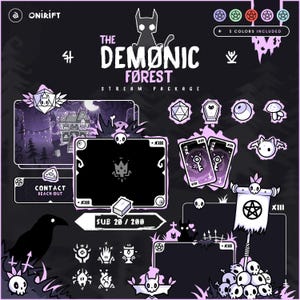 Könnte beinhalten: Ein digitales Kunstpaket im Stil von "The Demonic Forest Stream Package" in Lila und Weiß. Es enthält Streaming-Grafiken, Symbole, Rahmen und Illustrationen, sowie den Text "Contact Reach Out".