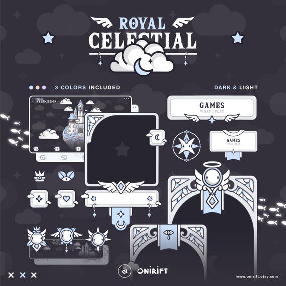 Ethereal Royal Celestial - Stream Package  - Pastel Blue, Dark & Light - Twitch, Youtube, - Cute Angelic Animated Overlays, Kawaii Heaven