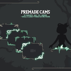 May include: Four green and black premade camera frames with glowing green accents. The frames are in different aspect ratios, including 16:9, 4:3, and square. The text "PREMADE CAMS" is at the top of the image. The text "4X VARIANTS - 16:9 - 4:3 - SQUARE" is below the text "PREMADE CAMS". The text "+ SMALL & LARGE VTUBER/KEYING FRAME" is below the text "4X VARIANTS - 16:9 - 4:3 - SQUARE".