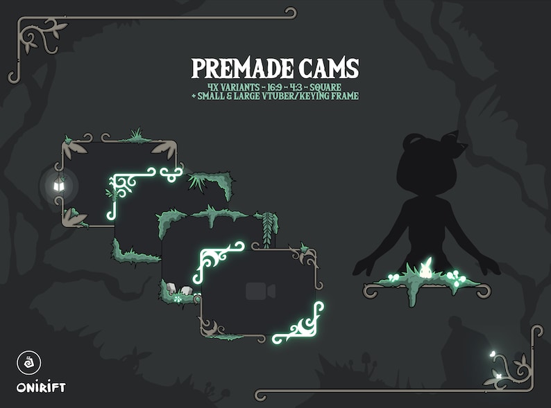 May include: Four green and black premade camera frames with glowing green accents. The frames are in different aspect ratios, including 16:9, 4:3, and square. The text "PREMADE CAMS" is at the top of the image. The text "4X VARIANTS - 16:9 - 4:3 - SQUARE" is below the text "PREMADE CAMS". The text "+ SMALL & LARGE VTUBER/KEYING FRAME" is below the text "4X VARIANTS - 16:9 - 4:3 - SQUARE".