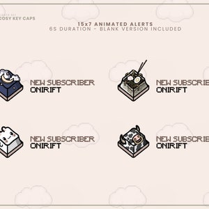 May include: Four animated keycaps for Twitch alerts. The keycaps feature a moon, a bunny, a bowl of noodles, and a cow. Each keycap has the text "NEW SUBSCRIBER ONIRIFT" on it.