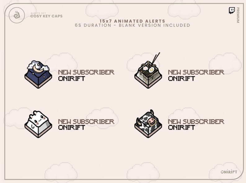 May include: Four animated keycaps for Twitch alerts. The keycaps feature a moon, a bunny, a bowl of noodles, and a cow. Each keycap has the text "NEW SUBSCRIBER ONIRIFT" on it.
