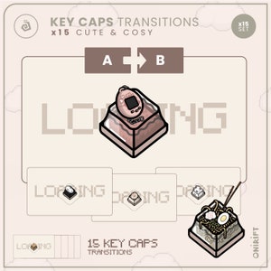 May include: A set of 15 keycaps with a pink and white color scheme. The keycaps feature a variety of designs, including a Tamagotchi, a bowl of ramen, and a sushi roll. The keycaps are labeled "LOPING" and "15 KEY CAPS TRANSITIONS".