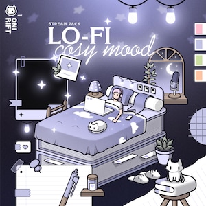Może przedstawiać: Ilustracja przytulnej sypialni z tekstem "LO-FI cosy mood". Osoba leży w łóżku z laptopem, słuchawkami i kotem. Pokój ma okno z księżycem, mikrofon i łańcuchy świetlne. Paleta kolorów to miękkie odcienie niebieskiego i fioletowego.