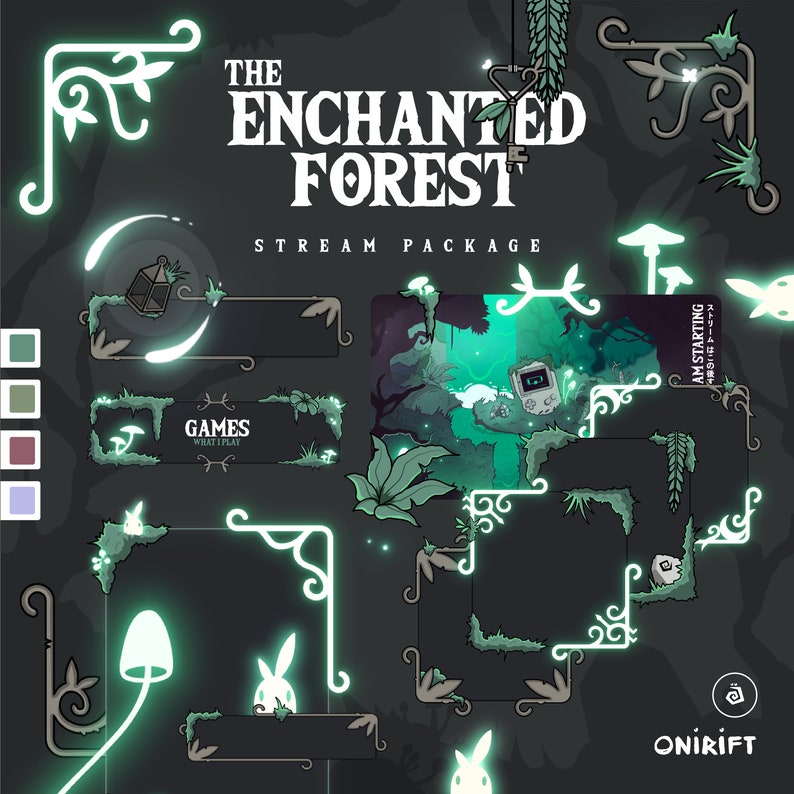 May include: A green and white stream package for Twitch or YouTube with the title "The Enchanted Forest". The package includes a variety of elements, such as a title card, panels, and overlays. The design features a whimsical forest theme with glowing mushrooms, rabbits, and vines.