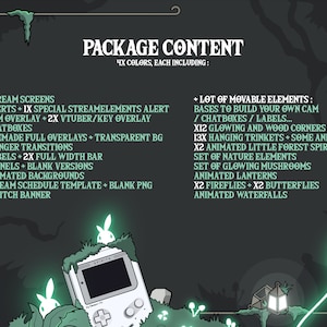 May include: A digital illustration of a green and white game console with a glowing green mushroom and a lantern. The text "PACKAGE CONTENT" is at the top of the image. The text lists various digital assets for streaming, including overlays, alerts, transitions, and animated elements.