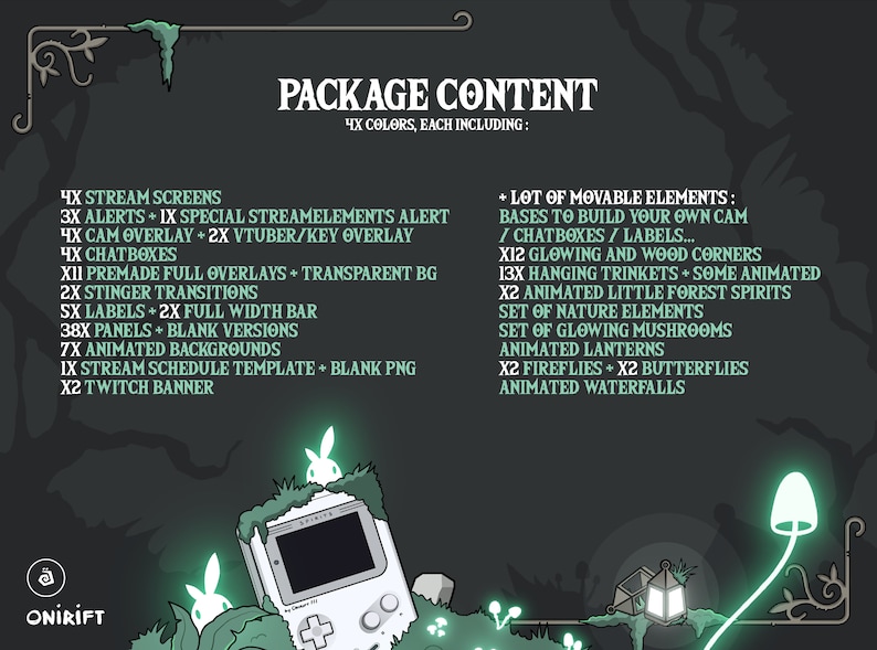 May include: A digital illustration of a green and white game console with a glowing green mushroom and a lantern. The text "PACKAGE CONTENT" is at the top of the image. The text lists various digital assets for streaming, including overlays, alerts, transitions, and animated elements.