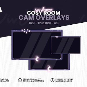 CAM Overlay, WEBCAM Borders for TWITCH, Youtube, Facebook - Stream - Violet Sparkling Moon - Pink Neon Glowing Garland