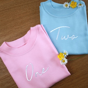 May include: Two pink and blue baby onesies with white embroidered numbers "One" and "Two" on them. The onesies are folded and laid out on a wooden surface with a few white and yellow flowers.