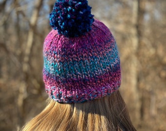 Chunky Knit Beanie with Pom Pom: Hand-Knitted Acrylic Wool Hat