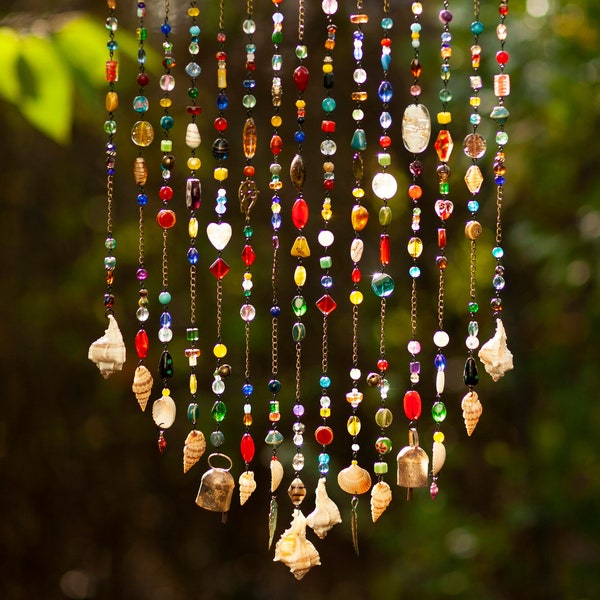 Sun catcher, light catcher, Murano, wire art, wind chime, glass, shell, driftwood mobile, very large, wild & colorful