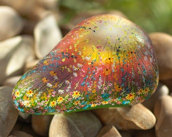 Flower stone, painted stone, hand-painted, decoration, garden, terrace, happiness stone, flower meadow, rainbow, lucky stone