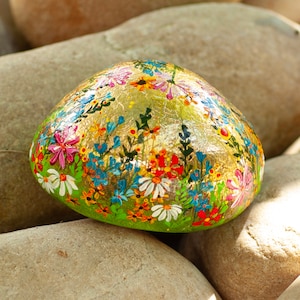 Flower stone, painted stone, hand painted, decoration, garden, terrace, happiness stone, flower meadow, rainbow, lucky stone