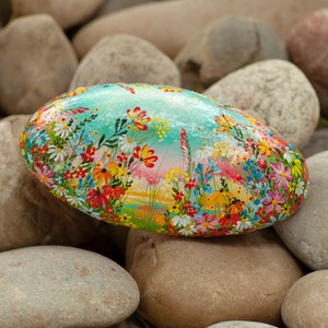 Flower stone, painted stone, hand-painted, decoration, garden, terrace, happiness stone, flower meadow, rainbow, lucky stone