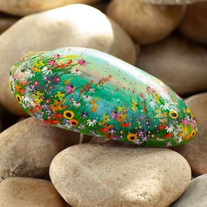 Flower stone, painted stone, hand painted, decoration, garden, terrace, happiness stone, flower meadow, rainbow, lucky stone