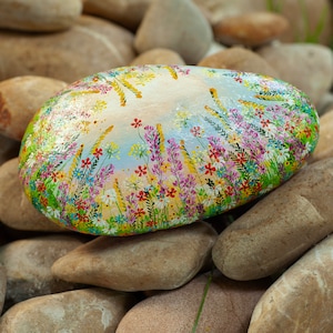 Flower stone, painted stone, hand painted, decoration, garden, terrace, happiness stone, flower meadow, rainbow, lucky stone