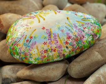 Flower stone, painted stone, hand painted, decoration, garden, terrace, happiness stone, flower meadow, rainbow, lucky stone