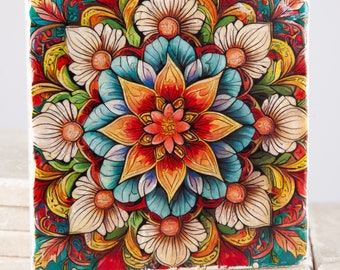 Bedruckte Fliese, Blumen Mandala, Blüten-Kaleidoskop, Travertin, Naturstein, Kacheln, Kunst, Deko, Muster