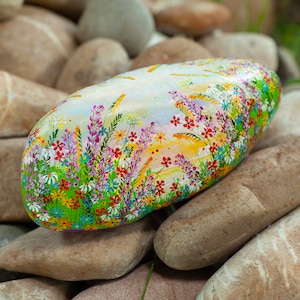 Flower stone, painted stone, hand-painted, decoration, garden, terrace, happiness stone, flower meadow, rainbow, lucky stone