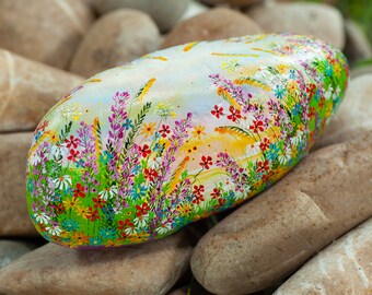 Flower stone, painted stone, hand-painted, decoration, garden, terrace, happiness stone, flower meadow, rainbow, lucky stone