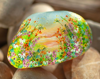 Flower stone, painted stone, hand-painted, decoration, garden, terrace, happiness stone, flower meadow, rainbow, lucky stone