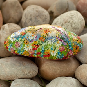 Flower stone, painted stone, hand-painted, decoration, garden, terrace, happiness stone, flower meadow, rainbow, lucky stone