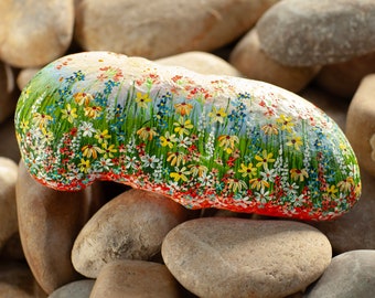 Flower stone, painted stone, hand painted, decoration, garden, terrace, happiness stone, flower meadow, rainbow, lucky stone