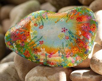 Flower stone, painted stone, hand painted, decoration, garden, terrace, happiness stone, flower meadow, rainbow, lucky stone
