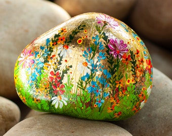 Flower stone, painted stone, hand painted, decoration, garden, terrace, happiness stone, flower meadow, rainbow, lucky stone, gold leaf