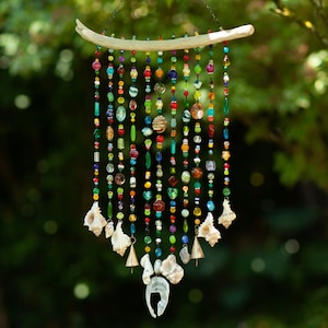 Sun Catcher, Light Catcher, Murano, Wire Art, Windchime, Glass, Shell, Driftwood Mobile, Large, Wild & Colorful
