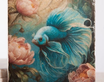 Carrelage imprimé, poisson magique bleu avec pivoines, travertin, pierre naturelle, carrelage, art, décoration, fantaisie