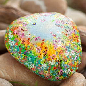Flower stone, painted stone, hand-painted, decoration, garden, terrace, happiness stone, flower meadow, rainbow, lucky stone