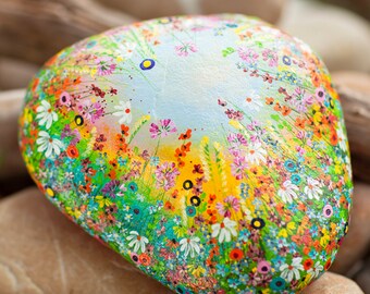 Flower stone, painted stone, hand-painted, decoration, garden, terrace, happiness stone, flower meadow, rainbow, lucky stone
