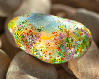 Flower stone, painted stone, hand-painted, decoration, garden, terrace, happiness stone, flower meadow, rainbow, lucky stone