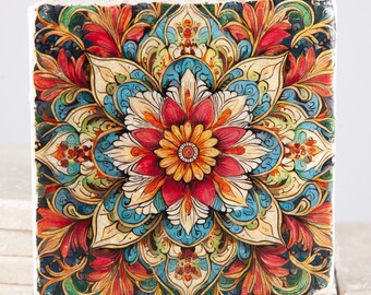 Bedruckte Fliese, Blumen Mandala, Blüten-Kaleidoskop, Travertin, Naturstein, Kacheln, Kunst, Deko, Muster