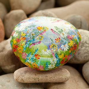 Flower stone, painted stone, hand-painted, decoration, garden, terrace, happiness stone, flower meadow, rainbow, lucky stone