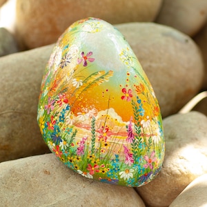 Flower stone, painted stone, hand painted, decoration, garden, terrace, happiness stone, flower meadow, rainbow, lucky stone