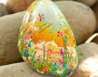 Flower stone, painted stone, hand painted, decoration, garden, terrace, happiness stone, flower meadow, rainbow, lucky stone