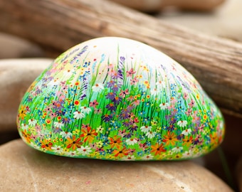 Flower stone, painted stone, hand-painted, decoration, garden, terrace, happiness stone, flower meadow, rainbow, lucky stone