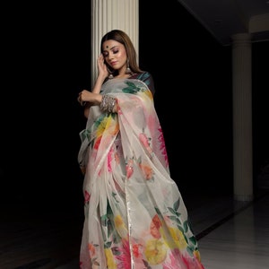 Organza Silk Off White Saree With Taffeta Green Blouse | Organza Saree | Party Saree | Elegant Saree