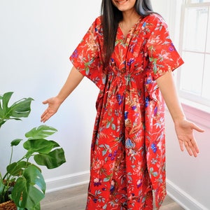 Red Bird Long Caftan| Summer | Vacation | Cotton Caftan