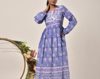 Cobalt Blue Block Print Long Dress| Summer | Vacation | Cotton Dress | Maxi Dress with Pockets
