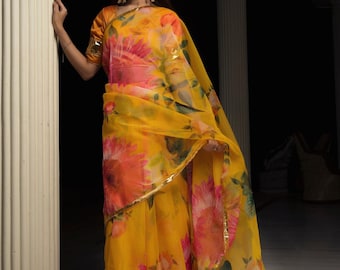 Organza Silk Yellow Saree